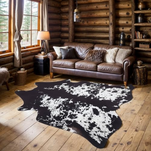 SUNCOWLLY Alfombra de cuero vacuno de 5.2 x 6.2 pies, con estampado de vaca, alfombra de piel de vaca sintética, alfombra de área con estampado de animales, decoración occidental, alfombras de vaca