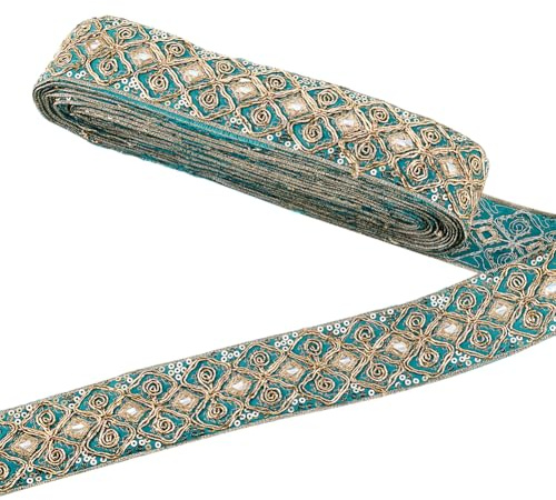 PH PandaHall 10 Yards Ethnisches Jacquardband 1 3/4 Zoll (45mm) Blaues Besticktes Band Mit Blumen Paillettenbesatz Zum Nähen von Handgefertigten Taschengurten
