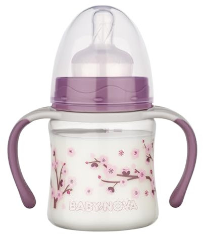 babynova Biberon a Collo Largo 150 ml con Manici - Tazza Trainer con Tettarella in Silicone a Flusso Lento Anti-Colica - Prodotto in Germania - Senza BPA - Fiore di Ciliegio