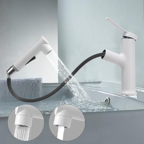 VirtuGro Rubinetto con Doccetta Estraibile a 3 Modalità Rubinetto Bagno Lavabo Miscelatore Monocomando Caldo e Freddo Aeratore Doccino per Lavandino Bianco