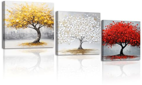 PIY PAINTING Albero Della Vita Stampe Su Tela, Quadro Su Tela Astratta, Poster d'Arte Giallo Bianco Rosso, Facile Da Appendere Per Soggiorno Ufficio Bagno Ingresso, Set Di 3, 30x30 cm (90X30 CM)