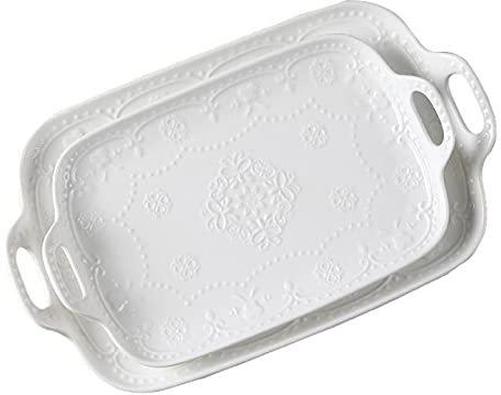 Juego de 2 platos llanos, 10 + 12 pulgadas, bandeja cuadrada de porcelana blanca en relieve con asa, bandeja de cerámica para buffet, plato de frotamiento, placa de exhibición