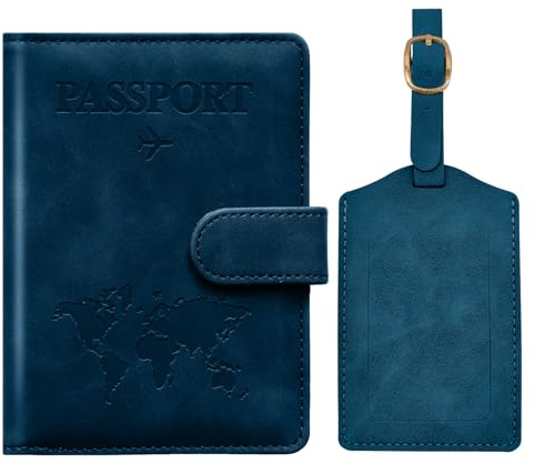 Toctax Reisepasshülle und Kofferanhänger Set, Passport Hülle mit RFID-Blocker, Reisepass Organizer, Reisepass Hülle für Damen und Herren, Passport Cover für Travel Essentials (Dunkelblau)