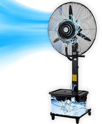LXHGVKHJ Ventilador Industrial de Pie, Depósito de 42L, Ventilador frio Nebulizador Exterior potente de 65cm, Oscilación de 90°, 3 Velocidades, 4 Ruedas portatil para Patio Taller Garaje(29 inches)