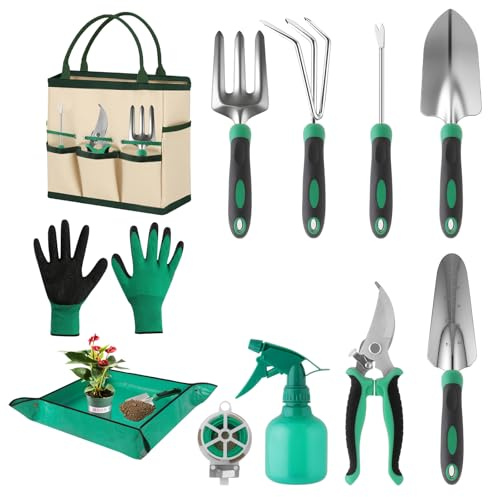 CAKKVDE 12 Piece Gardening Tools Set with Storage Bag, Heavy Duty Stainless Steel Garden Gifts Set for Women & Men, Complete Gardening Kit with Kneeling Pad for Weeding, Planting, Potting