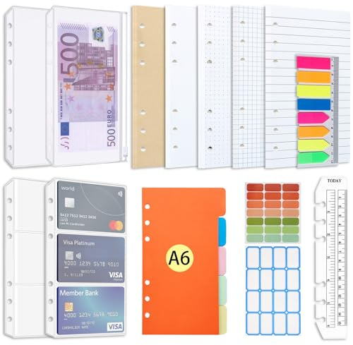 Set di ricarica di carta AQTAQ A6, foglietti adesivi ricaricabili A6 a 6 fori, 100 fogli/200 pagine, divisori colorati, foglietti adesivi colorati, righello con raccoglitore ad anelli a 6 anelli