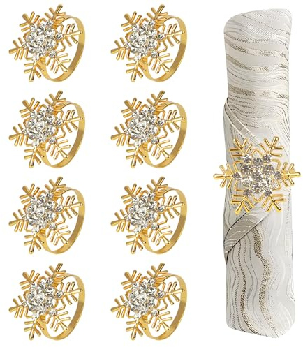 Noël Rond de Serviette 8 pièces Flocon de Neige Anneaux de Serviette Porte Serviettes de Noël pour Décorations de Table Noël,Mariages et Fêtes (Or, Diamètre de l'anneau Circulaire 4 cm)