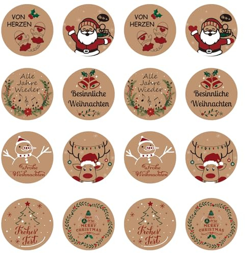 Weihnachtsaufkleber 500er Pack, Selbstklebende Kraftpapier Sticker verwendbar als Geschenksticker für Geschenkanhänger, Karten & Briefe