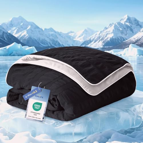 IKALIFE Kühldecke Bett für Menschen - Q-Max>0,5 Kühlende Decke Leichte Sommerdecke Kühlend Cooling Blanket Eisdecke zum Schlafen Kältedecke für Sommer Sleeping 150x200 cm Schwarz