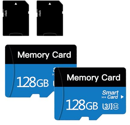2 Pack 128 GB Micro Memory Card With Adapter, TF Memory Card Class 10, Mini Memory Card for Laptop/Tablet/Smartphone/Printer/Personal Computer (Blue 128GB*2)
