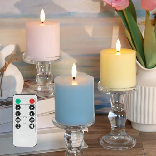 SEHNSY Easter Flameless Candles with Remote, 3×3 Inch Battery Operated Pastel Spring Candles with Flickering LED for Table Decor, Holiday & Seasonal Decoration, Set of 3