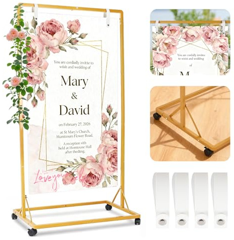 Wedding Sign Holder, Height Adjustable Wedding Welcome Sign Stand with 4 Leather Hanging Straps, Heavy Duty Metal Easel Display,Gold Arch Backdrop Stand for Seating Chart Reception Poster Party Decor