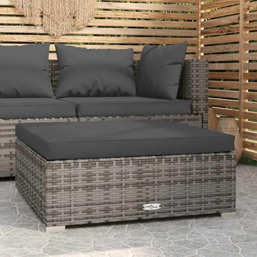 Hoopleep Garten-Fußhocker mit Kissen Grau 70x70x30 cm, Poly Rattan, Outdoor-Ottomane für Terrasse, Balkon, gemütliche Sitzgruppe im Außenbereich