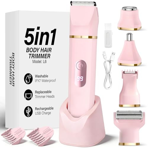Rasierer Damen 5-in-1 Intimrasierer für Frauen Elektrischer Damenrasierer Gesichtshaarentferner für Frauen Ipx7 Wasserdicht Trimmer Damen für Beine, Arme, Achseln und Bikinizone Rosa