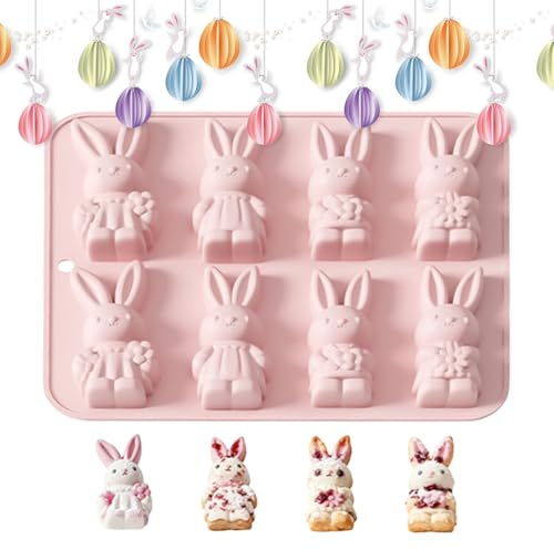 Moules En Silicone Pour Lapin De Pâques – Moules À Chocolat De Pâques Résistants À La Chaleur | Moule De Cuisson En Silicone Lapin 3D À 8 Cavités Pour Gâteau, Savon Glacé, Bougie, Biscuits (Rosa)