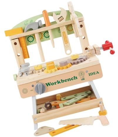 DuskHaven Kinder Werkbank Holzspielzeug Werkzeugkasten Montagewerkzeug mit Schraubenschlüssel Und Aufbewahrung Pädagogisches Konstruktionsspiel für Geschenk