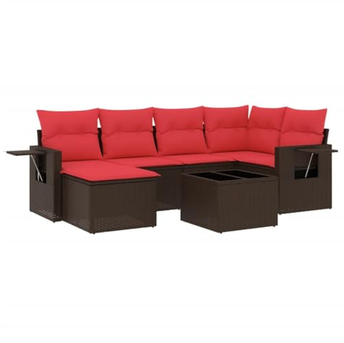 Hothingwell Gartensofa, 7-Sitzer, Kunstharz, geflochten, Braun | Hartglas, dicke Kissen, modulares Design, Klapptisch, Gas, Terrasse, Terrasse