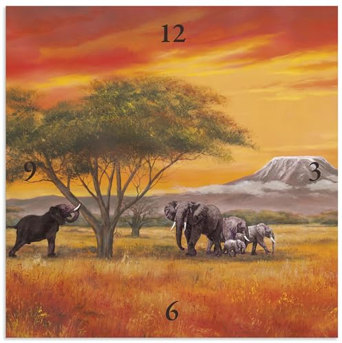 ARTLAND Wanduhr ohne Tickgeräusche Alu Quarzuhr 30x30 cm Quadratisch Lautlos Afrika Safari Tiere Elefant Natur Bildmalerei T4EH