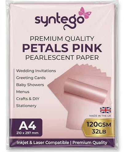 Premium Pearlescent Paper A4 (8.27 x 11.7”) 120gsm (32lb Bond) – Shimmer Cardstock Sheets for Inkjet & Laser Printers – Ideal for Certificates, Invitations, Menus & Crafts (20, Petals Pink) | Petals Pink Pearlescent Paper For Origami, Card Making, Baby Showers & Weddings