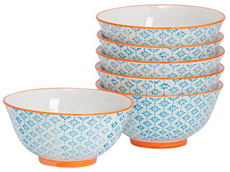 Nicola Spring Patterned Cereal Bowls - Blue - 16cm - Pack of 6 | Hand Printed Japanese Style Stoneware Serving Bowls for Dessert, Pasta, Cereal, Salad, Noodles, Soup