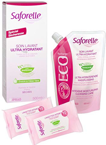 Soin Lavant Ultra Hydratant Saforelle - Hygiène intime et corporelle : Hydrate et Apaise les peaux sèches - Flacons de 500ml + ECOrecharge + 2 Paquets Lingettes