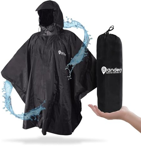 Brandery Regenponcho Damen & Herren - 100% Wasserdichter Poncho mit Kapuze, Regencape, Taschen, Reissverschluss für Trockenes An- und Ausziehen - Regenponcho Fahrrad, Festival, Regenschutz (L/XL)