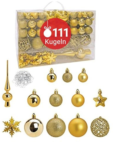 WOMA Christbaumkugeln Set Gold & 19 weiteren Farben - 111er Weihnachtskugeln Set inkl. Metallhaken - Weihnachtskugeln Kunststoff - Weihnachtsbaum Deko & Christbaumschmuck