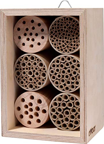 dobar® 28540e Profi-Wildbienenhotel - Bienenhaus aus Holz - Massive Nisthilfe mit Papierröhrchen - Insektenhotel für Maskenbiene/Mauerbiene/Seidenbiene - 16 x 12,5 x 23 cm - Natur