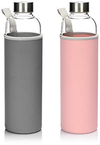 com-four® 2x Gourde en verre borosilicaté - Gourde en verre pour le sport avec bouchon à vis en acier inoxydable et manchon thermique en néoprène gris et rose - 1000 ml