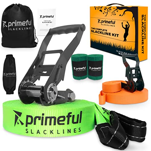 Primeful® Slackline Set 18,5m - Premium Komplettset mit Hilfsseil, Ratsche, Baumschutz & Tasche - TÜV-geprüft bis 150kg - Balance Training für Kinder, Anfänger & Erwachsene - Outdoor Fitness Geschenk