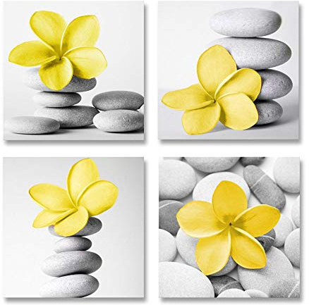 Genius Decor - Modern 4 Piece Pebble Stone Flower Print Canvas Wall Decor Set (Yellow)