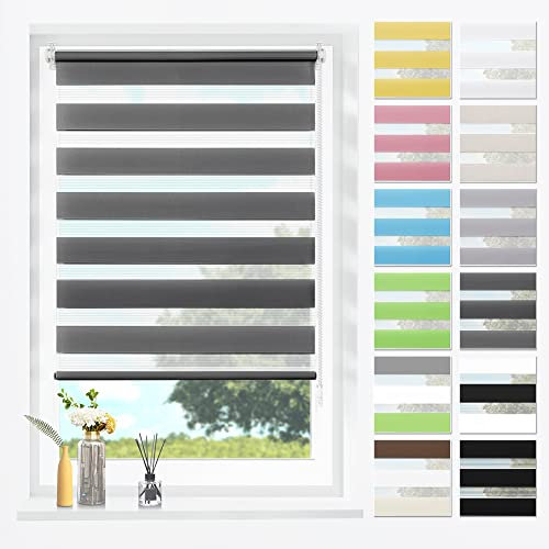 SBARTAR Doppelrollo Klemmfix Duo Rollos für Fenster ohne Bohren & zum Bohren,Anthrazit B75 x H120 cm Lichtdurchlässig Klemmrollo Fensterrollo ZeBrarollo