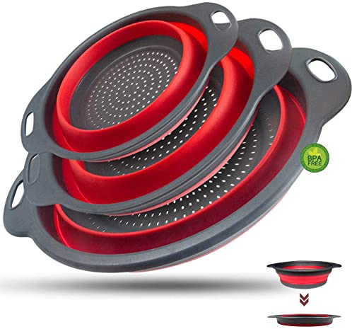 Collapsible Colander Set - Walfos Silicone Folding Strainers Set of 3, Space-Saving Kitchen Strainers, 2 Quart, 3 Quart and 4 Quart, BPA Free ＆ Dishwasher Safe, for Pasta, Vegetables, Fruits