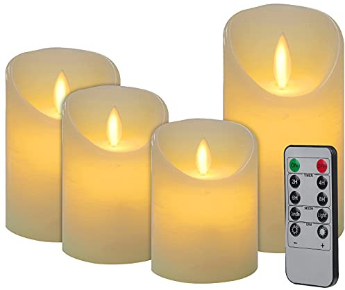 CPROSP 4er LED Kerzen Advent mit Fernbedienung aus Echtwachs, Flammenlose Elfenbeine Kerzen mit Timer, 7,5 x 9/10,5/12,5/15,5 cm, Deko für Hochzeit, Party, Advent (2*AA, Erhhalten keine Batterien)