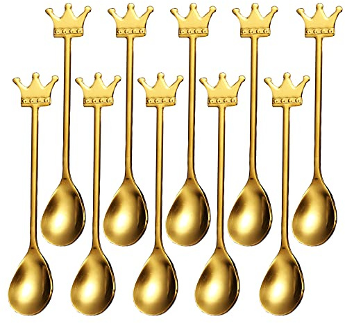 10 Stück Espresso-Löffel, Krone, vergoldeter Edelstahl, Mini-Teelöffel-Set für Kaffee, Zucker, Dessert, Kuchen, Eis, Suppe, Antipasto, Cappuccino