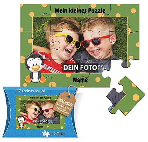 Fotopuzzle aus Holz für Kinder mit Name und Foto Puzzle selbst gestalten - Mein kleines Puzzle mit Pinguin, Kinderpuzzle | 25 x 17,5 cm, 12 Teile in Kartonverpackung