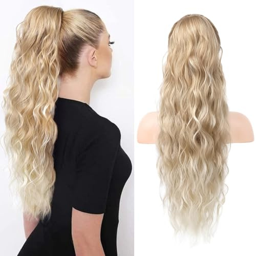 YEESHEDO Pferdeschwanz Haarteil Lang 60cm mit Kordelzug Wellig Locken Ponytail Extension Blond zu Platin Natürliches Clip in Haarteil Ponytail Haarzopf für Damen Afro Zopf Haarverlängerunge