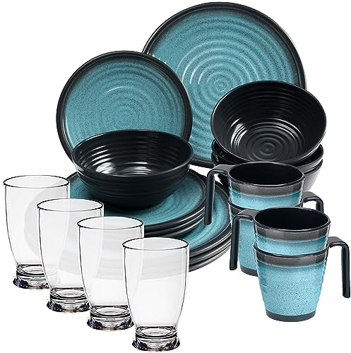 Melamin Geschirr Set 20 Teile elegante Steingut Optik blau mit 380ml klar 4