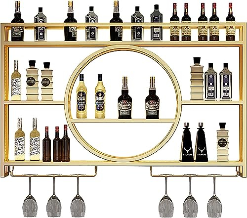 Modern Metal Wall Mounted Wine Display Rack, Hanging Industrial Round Wine Racks, Bar Unit Floating Shelves, Glass Rack Iron Display Stand for Home, Restaurant, Bars (Gold,100x15x80cm/39x5.9x31in)