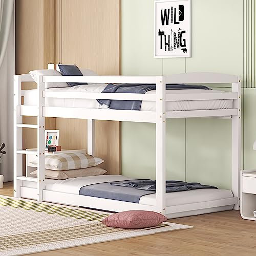 Kehun Kinderbett Etagenbett 90x200, Hochbett Hausbett mit Rutsche und Rausfallschutz für 2 Kinder, Holzbett mit Leiter, Bett Bettgestell aus Massivem Kiefernholz, Weiß, ohne Matratze