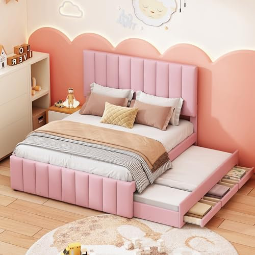 Moimhear Polsterbett 140 x 200 cm mit Ausziehbett und Schubladen, hautfreundliche Leinenpolsterung, Doppelbett, Kinderbett, Jugendbett, Gästebett (Rosa)