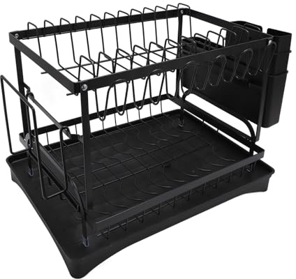 Qcwwy Geschirr-Trockengestell, Geschirr-Trockengestell für Küchentheke, Mehrzweck-Besteckhalter mit 2 Etagen, Kleines Geschirr-Abtropfgestell, Essstäbchen, Besteck, (Black)