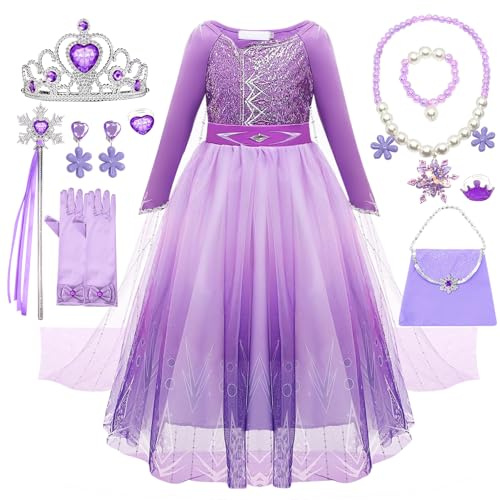 Elsa Anna Kostüm Mädchen, Eiskönigin Prinzessin Kleid mit Umhang Krone Halsketten Set, Elsa Anna Kleid Geschenke für Mädchen, Eiskönigin Kleid Prinzessin Kostüm für Karneval Cosplay