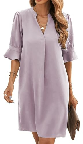 Famulily Robe chemise élégante et décontractée, pour femmes, avec col en V, manches mi-longues, couleur unie, tailles S à XXL