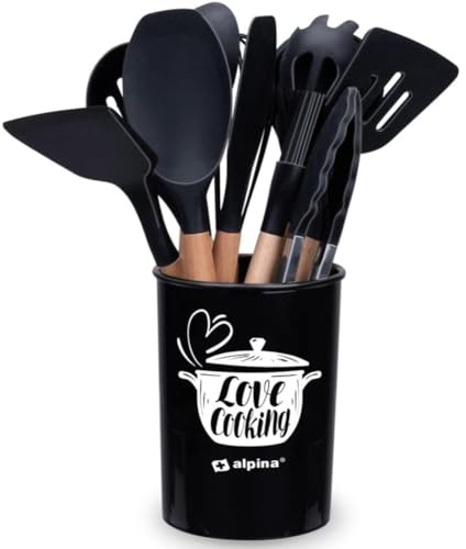 BAKAJI Set di Utensili da Cucina con Portautensili in Silicone e Legno Nero, Supporto con Attrezzi per Cucinare Antiaderente Resistenti al Calore, Pinza Barbecue, Cucchiai, Mestolo, Spatola, Lavabili