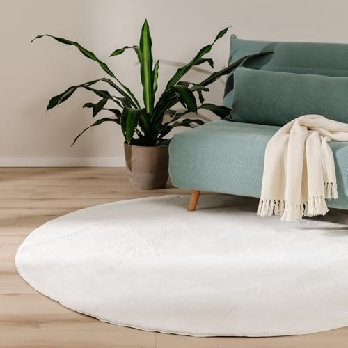 benuta Basic Kunstfaser Fellteppich Furry - Creme rund 200 cm - Weicher Wohnzimmerteppich - Anti-Rutsch-Rückseite - Waschbar - Für Fußbodenheizung geeignet