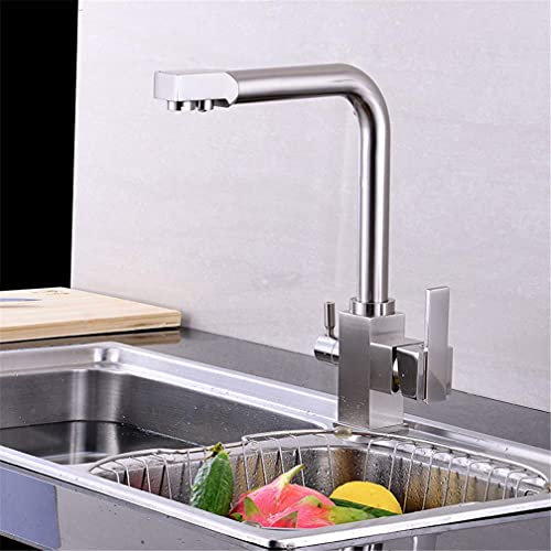 Küchenarmaturen aus gebürstetem Nickel, Trinkwasserfilter-Wasserhähne, Spülbecken-Mischbatterie, 360-Grad-Drehgelenk, Doppelgriff, Deckmontage, gefilterter Kran für die Küche, 3-Wege