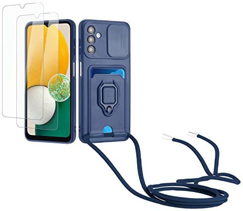 Kaslly Case für Samsung Galaxy A55 Handykette Hülle+[2 Schutzfolie Glas],Slide kameraschutz,Silikon Handyhülle zum Umhängen Kette,Kartenfach-Navy blau