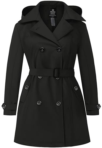 Wantdo Women's Plus Size Trench Coat Double-Breasted Waterproof Classic Lapel Overcoat Stylish Pea Coat with Belt Black 24-26