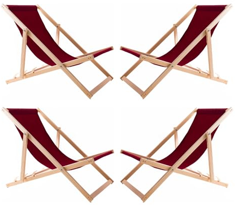 WOODOK Set di 4 Sedia a sdraio pieghevole - fino a 120 kg, in legno di faggio senza bracciolo, schienale regolabile in 3 livelli (4 X vino rosso)